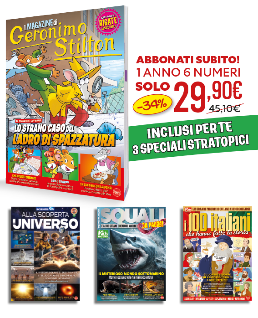 Copertina Abbonamento Geronimo Stilton + Alla scoperta dell'universo + 100 Italiani che hanno reso grande l'Italia + Squali da paura